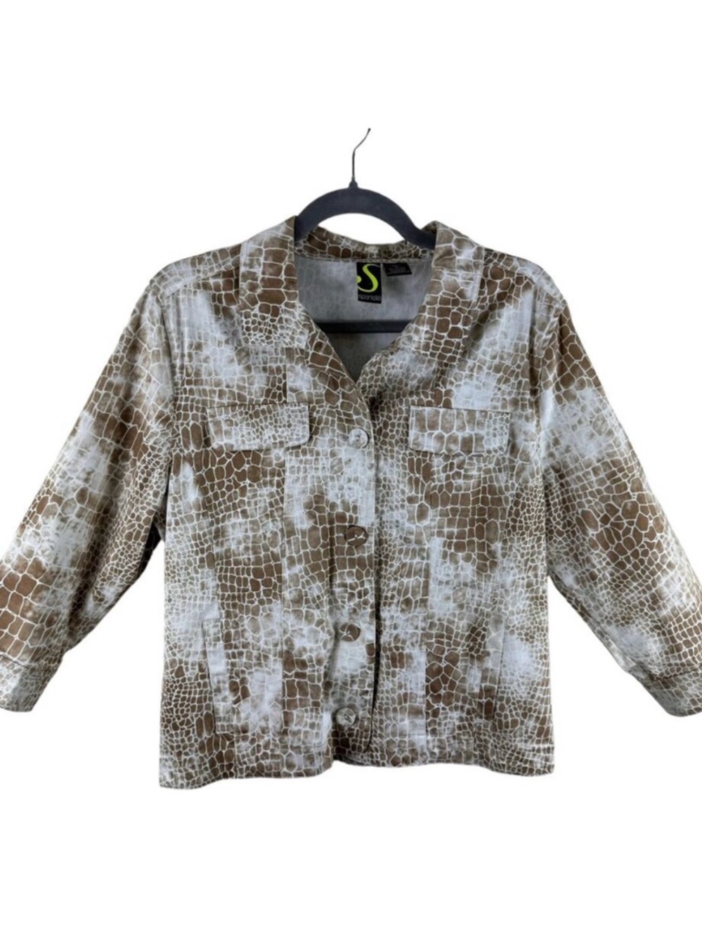 Spartelle Brown White Print 3/4 Sleeve Lightweight Cotton Button Up Jacket Sz L